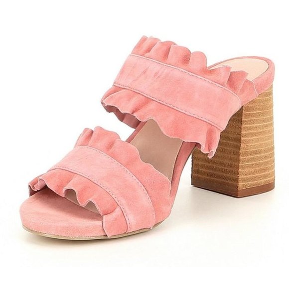 Free People Pink Suede Rosie Ruffle Slip On Double Strap Open Toe Heels - Picture 2 of 11